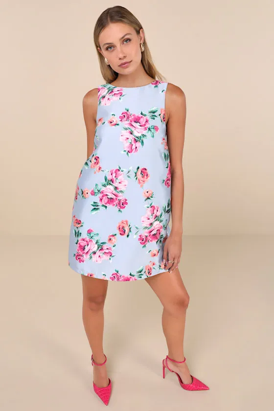 Exceedingly Darling Blue Floral Plunge Back Bow Shift Mini Dress sold by Lulus product image thumbnail 4