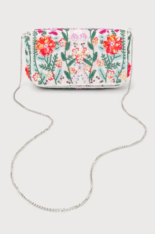 Brave Blooms White Multi Floral Beaded Sequin Clutch sold by Lulus