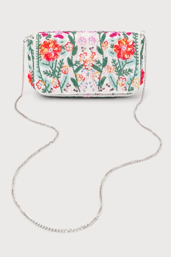 Brave Blooms White Multi Floral Beaded Sequin Clutch sold by Lulus