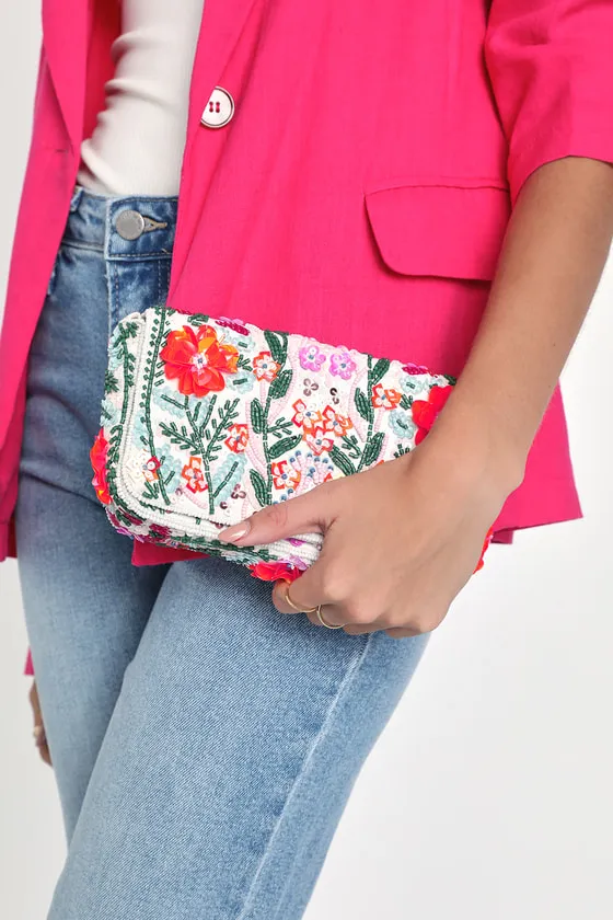 Brave Blooms White Multi Floral Beaded Sequin Clutch sold by Lulus product image thumbnail 2