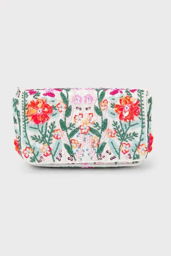 Brave Blooms White Multi Floral Beaded Sequin Clutch sold by Lulus product image thumbnail 4