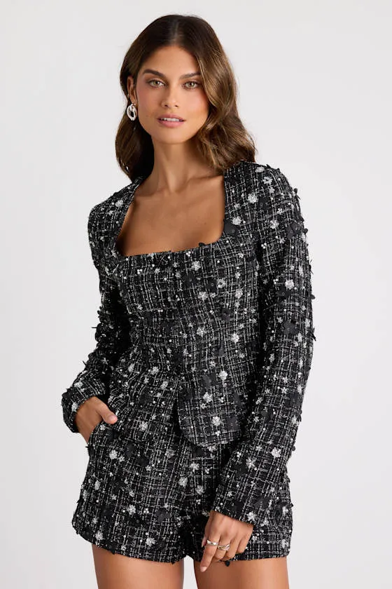 Marcie Black Tweed Lurex Sequin Applique Blazer sold by Lulus