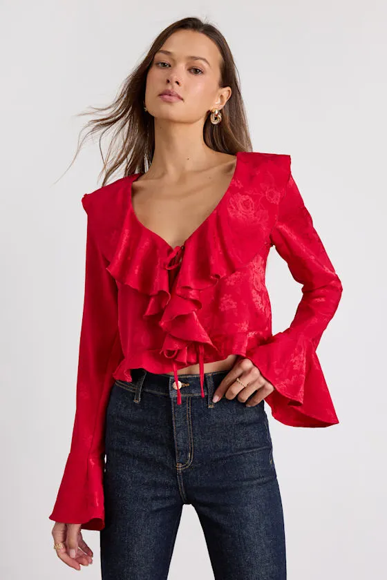 Esmina Red Jacquard Ruffled Tie-Front Top sold by Lulus