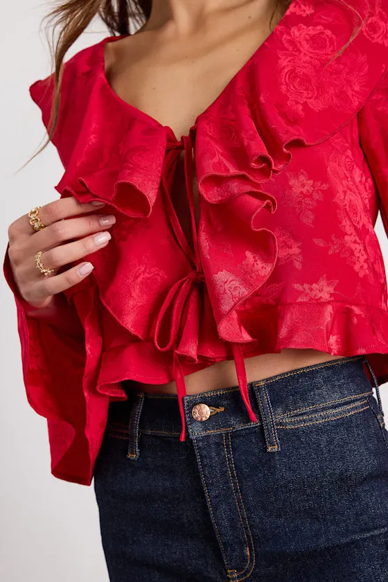 Esmina Red Jacquard Ruffled Tie-Front Top sold by Lulus product image thumbnail 2