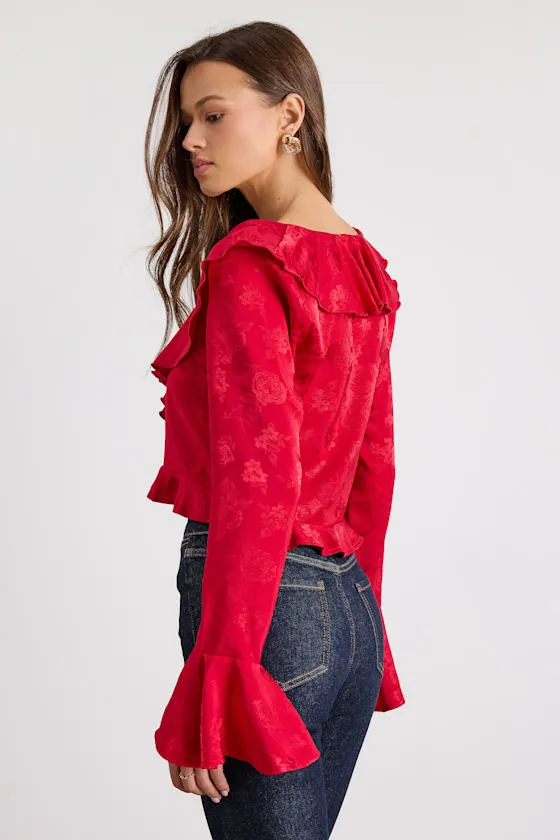 Esmina Red Jacquard Ruffled Tie-Front Top sold by Lulus product image thumbnail 3