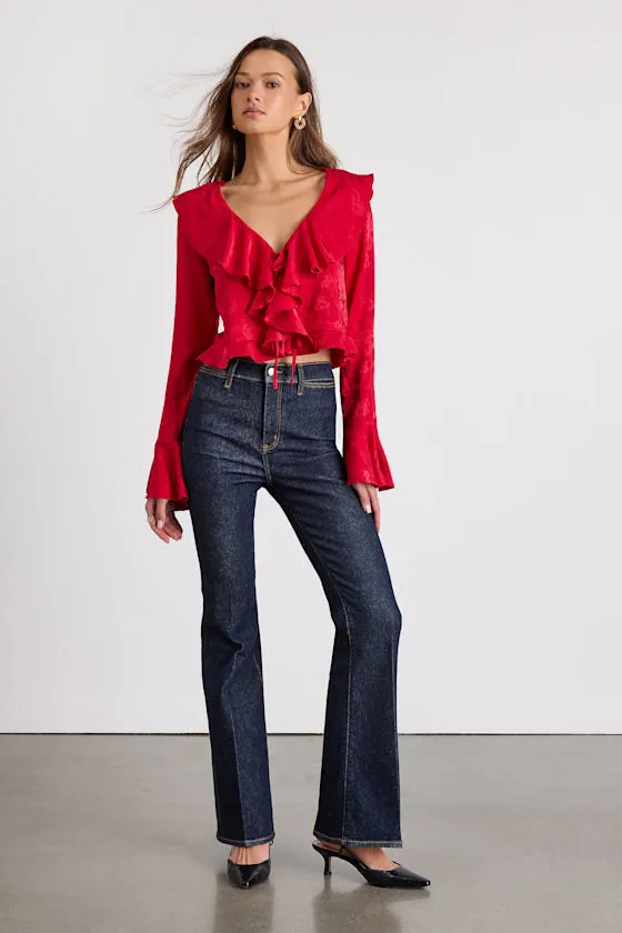 Esmina Red Jacquard Ruffled Tie-Front Top sold by Lulus product image thumbnail 4