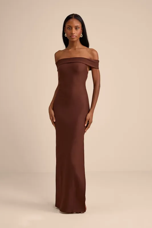 Chastain Brown Ponte Knit Off-the-Shoulder Maxi Dress made by Lulus
