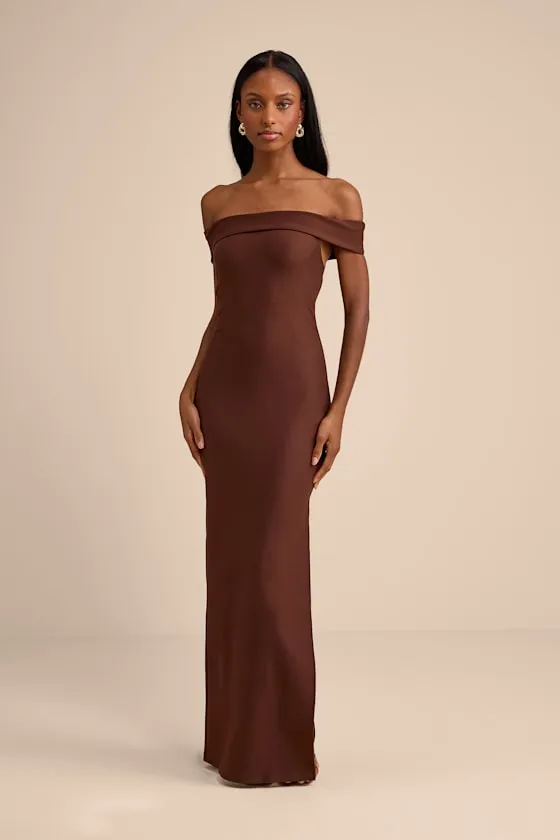 Chastain Brown Ponte Knit Off-the-Shoulder Maxi Dress sold by Lulus
