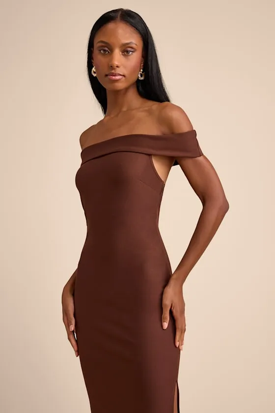Chastain Brown Ponte Knit Off-the-Shoulder Maxi Dress sold by Lulus product image thumbnail 2