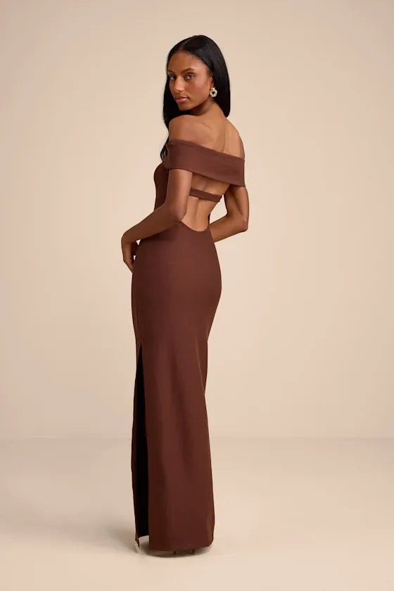 Chastain Brown Ponte Knit Off-the-Shoulder Maxi Dress sold by Lulus product image thumbnail 3