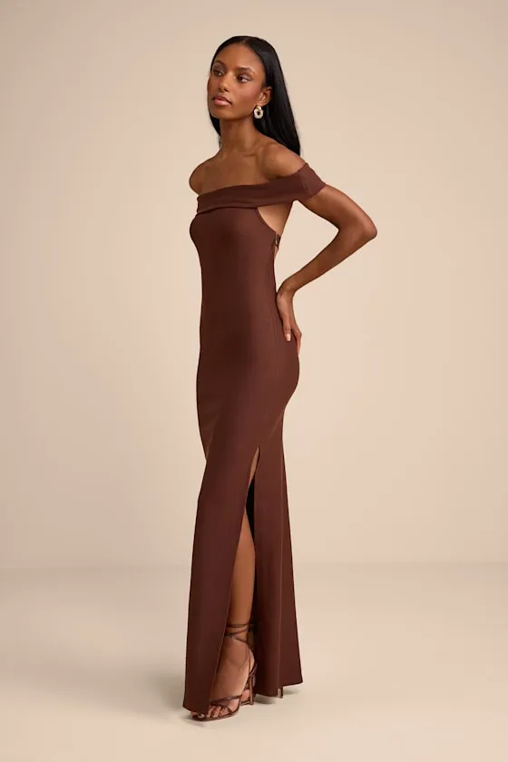 Chastain Brown Ponte Knit Off-the-Shoulder Maxi Dress sold by Lulus product image thumbnail 4