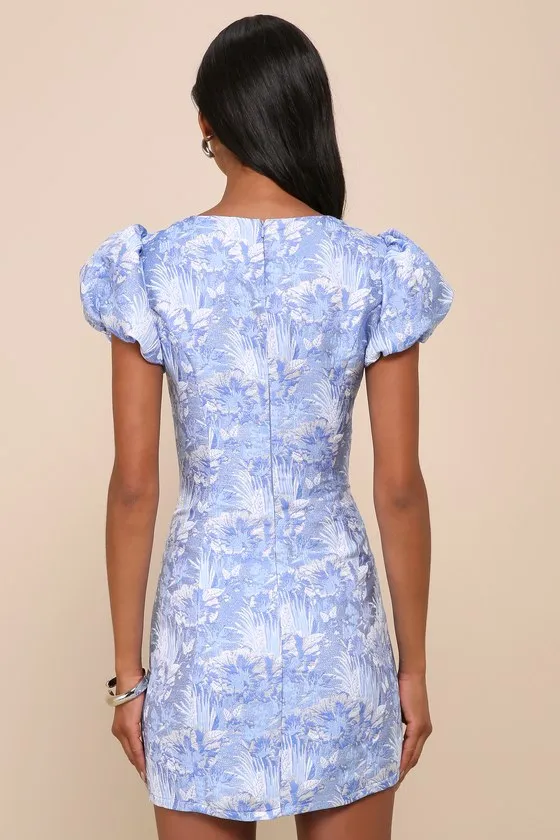 Exceptional Icon Blue Floral Jacquard Puff Sleeve Mini Dress sold by Lulus product image thumbnail 2