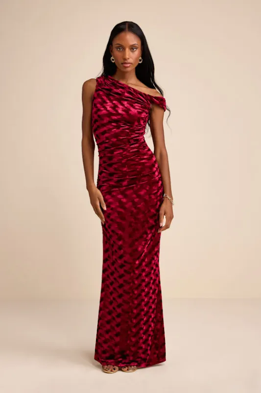 Renisa Dark Red Velvet Chevron Asymmetrical Maxi Dress made by Lulus