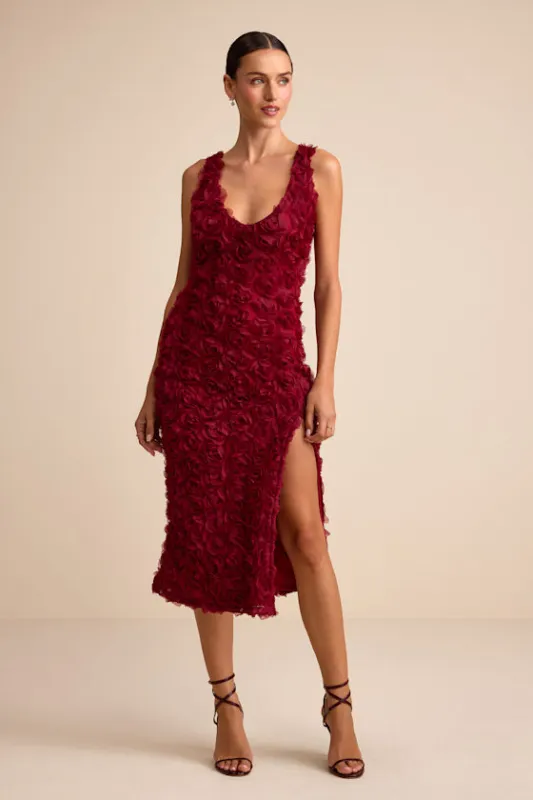 Aniston Wine Red Rosette Sleeveless Midi Dress sold by Lulus