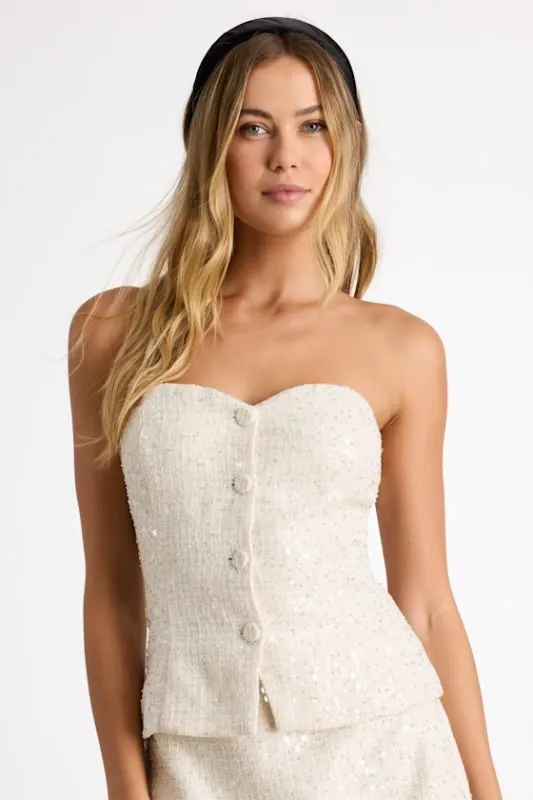 Brionee Ivory Tweed Sequin Button-Front Strapless Top sold by Lulus