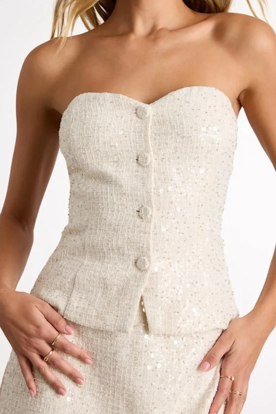 Brionee Ivory Tweed Sequin Button-Front Strapless Top sold by Lulus product image thumbnail 2