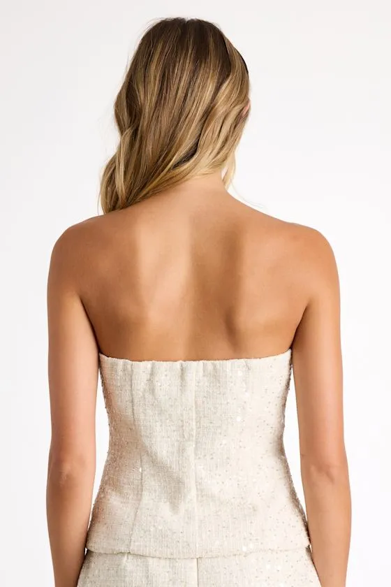 Brionee Ivory Tweed Sequin Button-Front Strapless Top sold by Lulus product image thumbnail 3