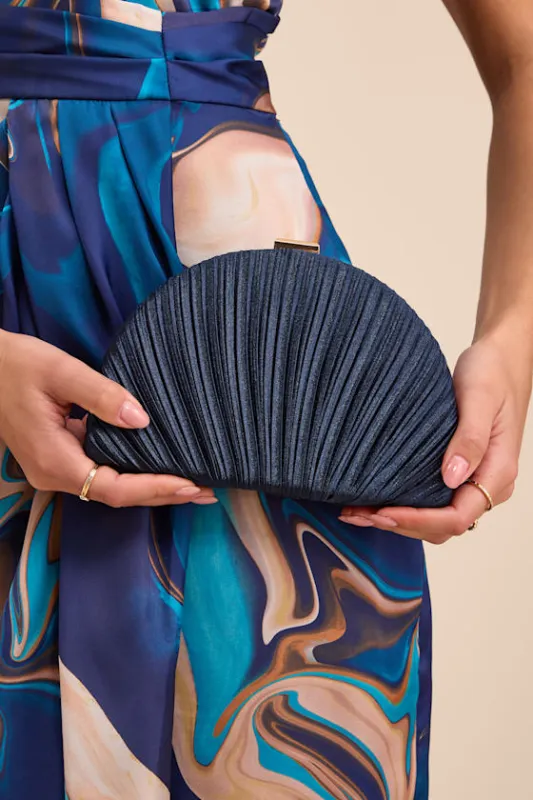 Pleat Perfection Navy Satin Pleated Hard Clutch sold by Lulus