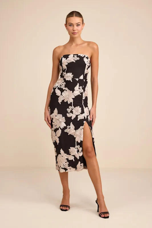 Kattalin Black Floral Applique Strapless Midi Dress sold by Lulus