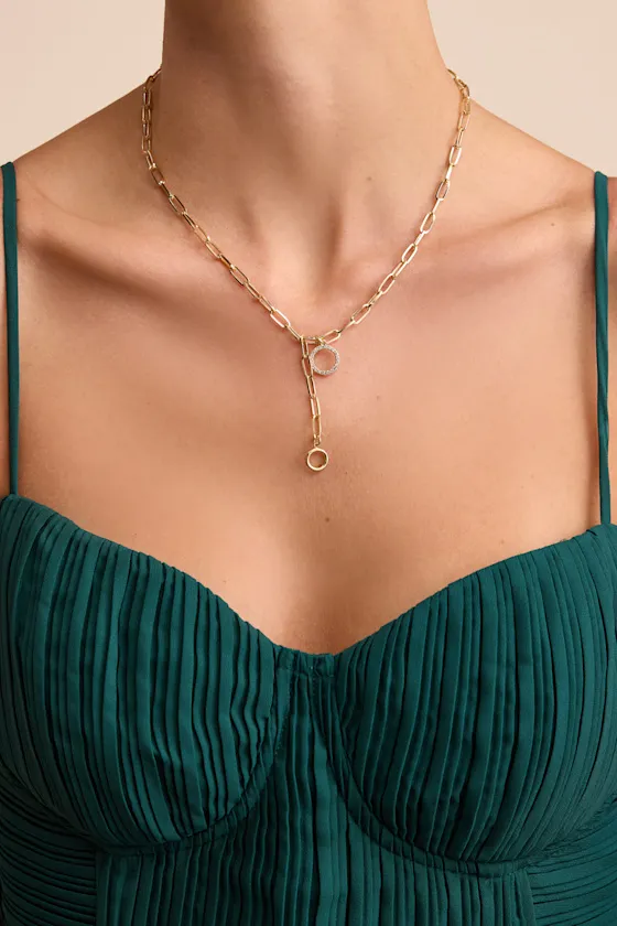 Mercier Gold Chain Link Rhinestone Lariat Necklace sold by Lulus