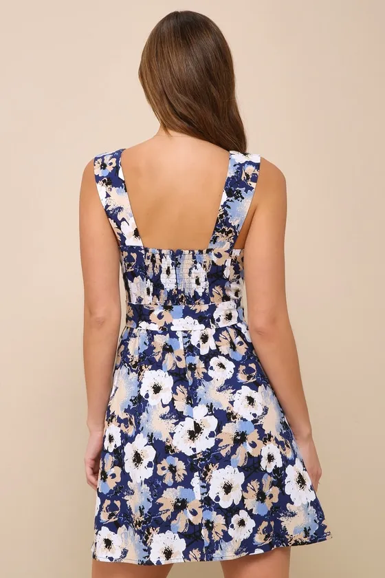Sunny Attraction Navy Floral Linen Bustier Belted Mini Dress sold by Lulus product image thumbnail 2