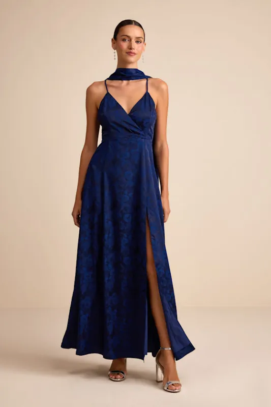 Mahira Navy Satin Jacquard Surplice Sash Scarf Maxi Dress sold by Lulus