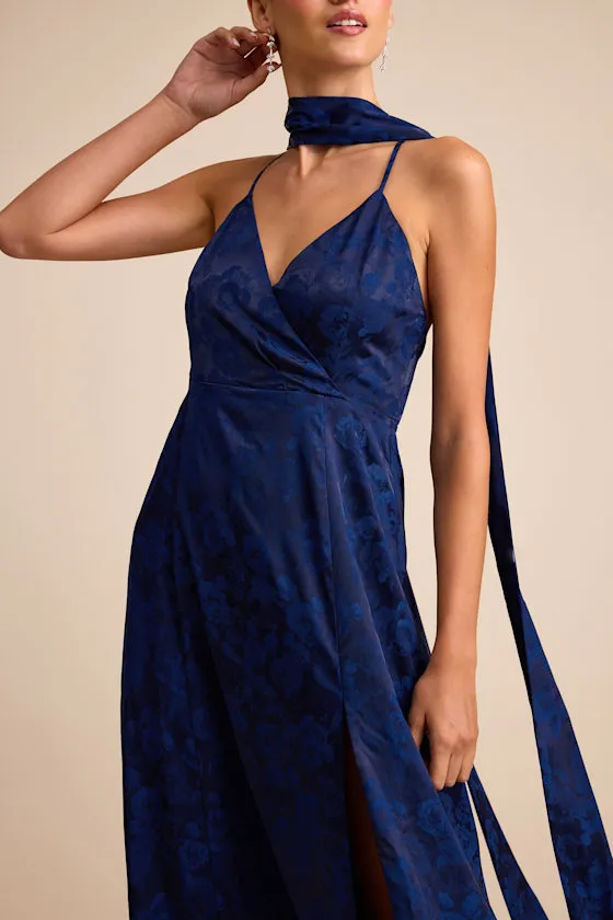 Mahira Navy Satin Jacquard Surplice Sash Scarf Maxi Dress sold by Lulus product image thumbnail 2