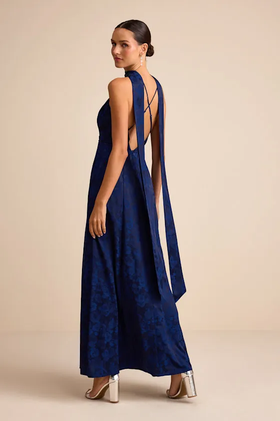 Mahira Navy Satin Jacquard Surplice Sash Scarf Maxi Dress sold by Lulus product image thumbnail 3