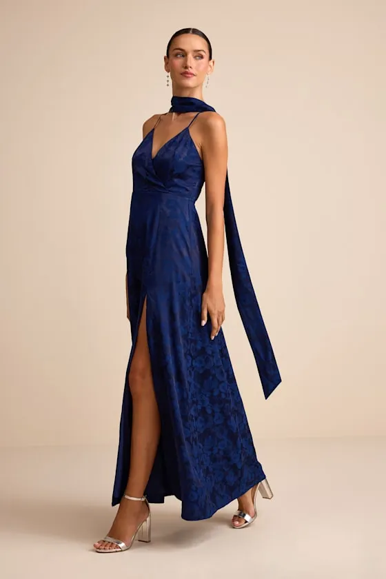 Mahira Navy Satin Jacquard Surplice Sash Scarf Maxi Dress sold by Lulus product image thumbnail 4