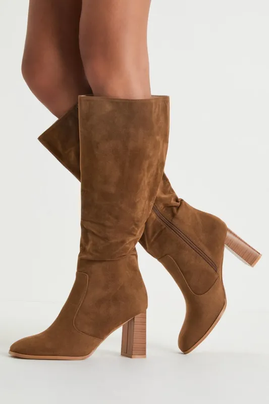 Arabelle Chestnut Suede Square Toe Knee-High Boots sold by Lulus