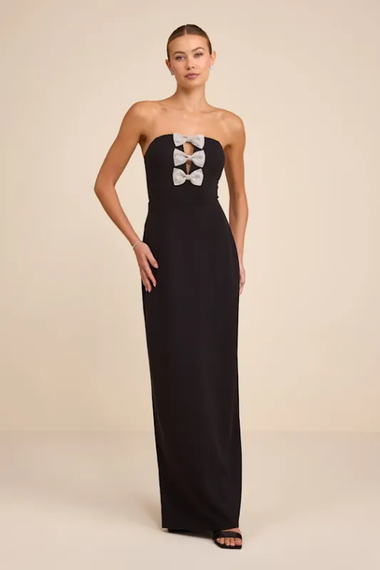 Jovia Black Rhinestone Bow Strapless Maxi Dress made by Lulus