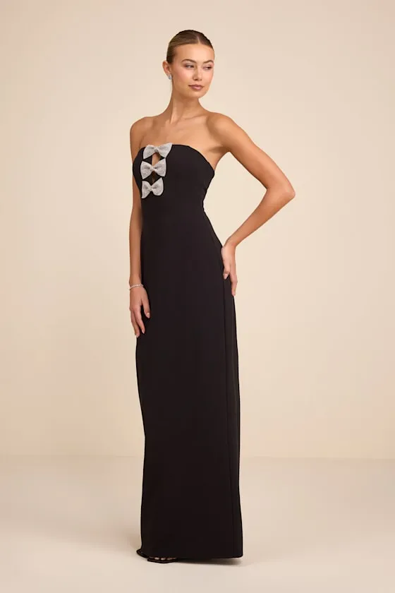 Jovia Black Rhinestone Bow Strapless Maxi Dress sold by Lulus product image thumbnail 4