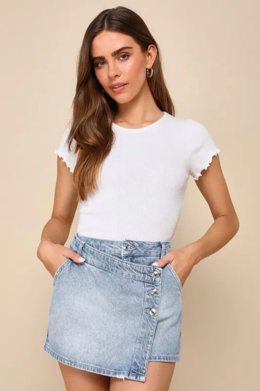 Wynne Light Wash Denim Faux Wrap Mini Skirt sold by Lulus