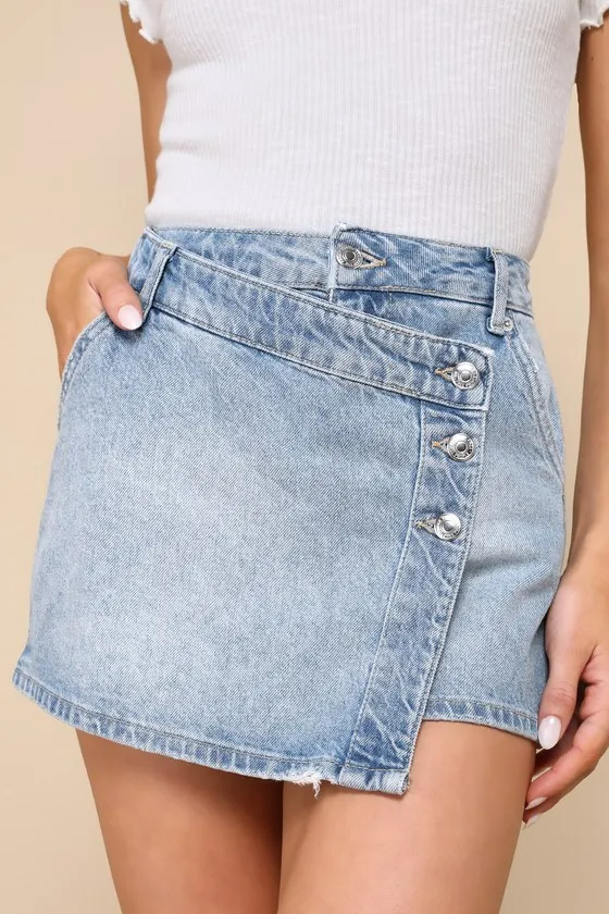 Wynne Light Wash Denim Faux Wrap Mini Skirt sold by Lulus product image thumbnail 2