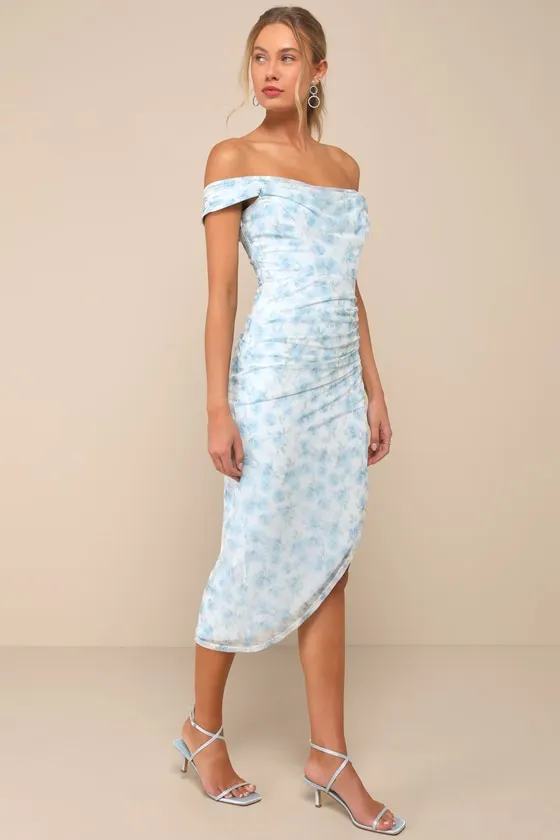 Idyllic Beauty Light Blue Floral Off-the-Shoulder Midi Dress sold by Lulus