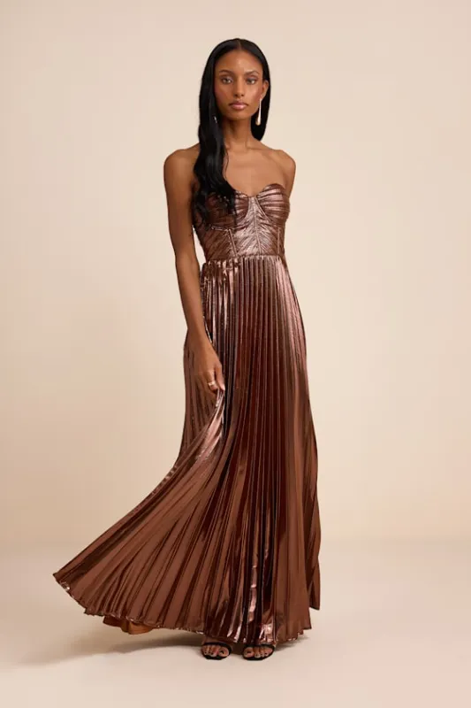 Shoshone Brown Pleated Lurex Strapless Bustier Maxi Dress sold by Lulus