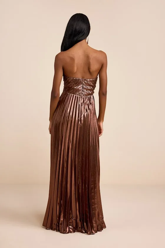 Shoshone Brown Pleated Lurex Strapless Bustier Maxi Dress sold by Lulus product image thumbnail 3