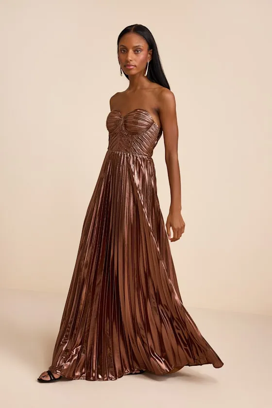 Shoshone Brown Pleated Lurex Strapless Bustier Maxi Dress sold by Lulus product image thumbnail 4