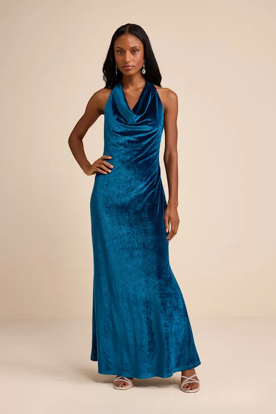 Elarina Blue Velvet Cowl Halter Mermaid Maxi Dress sold by Lulus