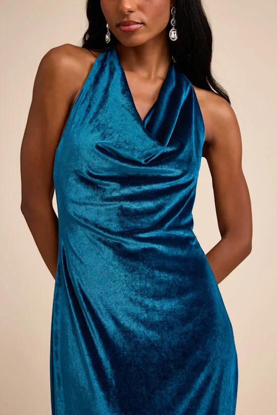 Elarina Blue Velvet Cowl Halter Mermaid Maxi Dress sold by Lulus product image thumbnail 2