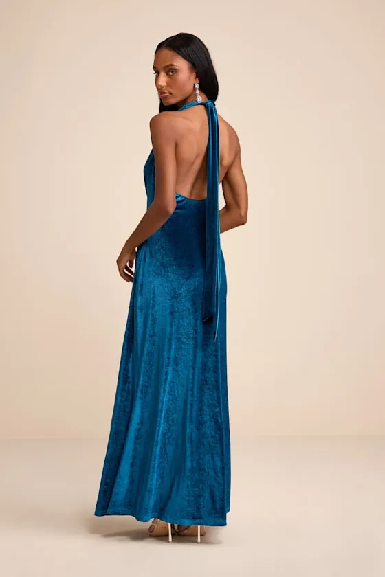 Elarina Blue Velvet Cowl Halter Mermaid Maxi Dress sold by Lulus product image thumbnail 3