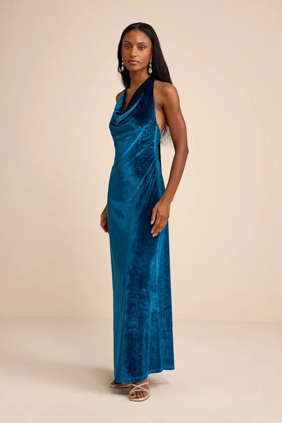 Elarina Blue Velvet Cowl Halter Mermaid Maxi Dress sold by Lulus product image thumbnail 4