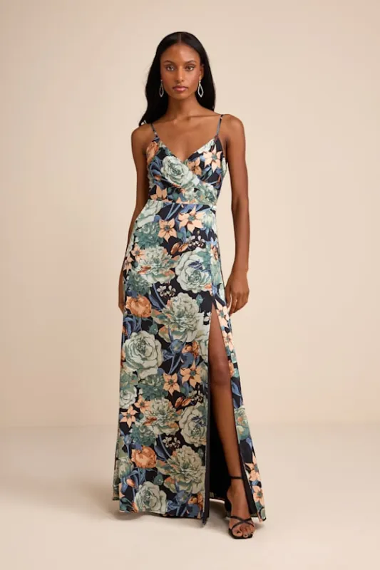 Radiant Occasion Black Multi Floral Satin A-Line Maxi Dress sold by Lulus