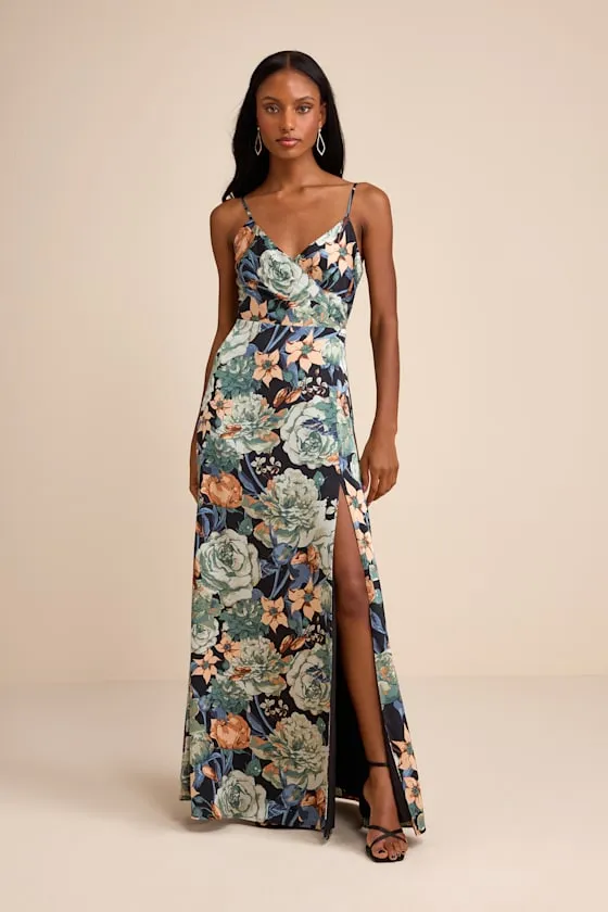 Radiant Occasion Black Multi Floral Satin A-Line Maxi Dress sold by Lulus