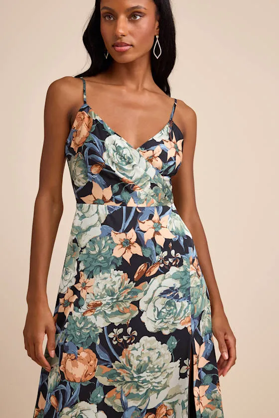 Radiant Occasion Black Multi Floral Satin A-Line Maxi Dress sold by Lulus product image thumbnail 2