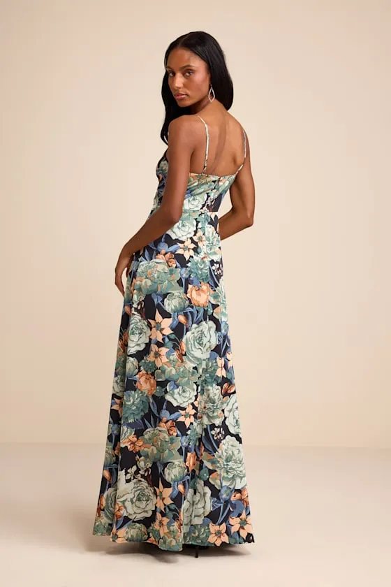 Radiant Occasion Black Multi Floral Satin A-Line Maxi Dress sold by Lulus product image thumbnail 3