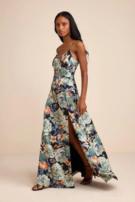 Radiant Occasion Black Multi Floral Satin A-Line Maxi Dress sold by Lulus product image thumbnail 4