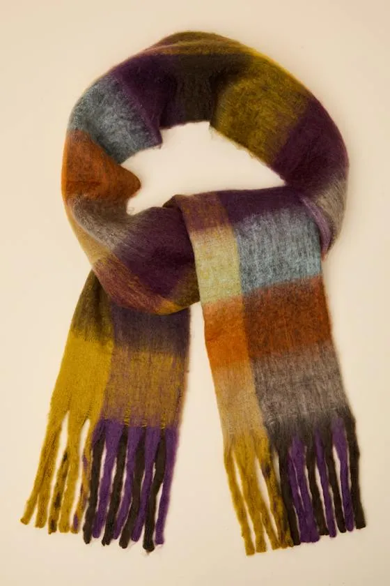 Avette Dark Purple Multi Plaid Oversized Fringe Scarf sold by Lulus
