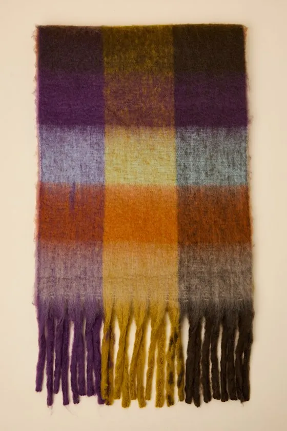 Avette Dark Purple Multi Plaid Oversized Fringe Scarf sold by Lulus product image thumbnail 2