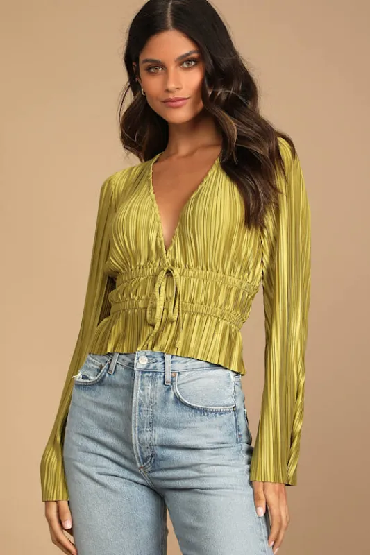 Staying Optimistic Chartreuse Pleated Bell Sleeve Top sold by Lulus